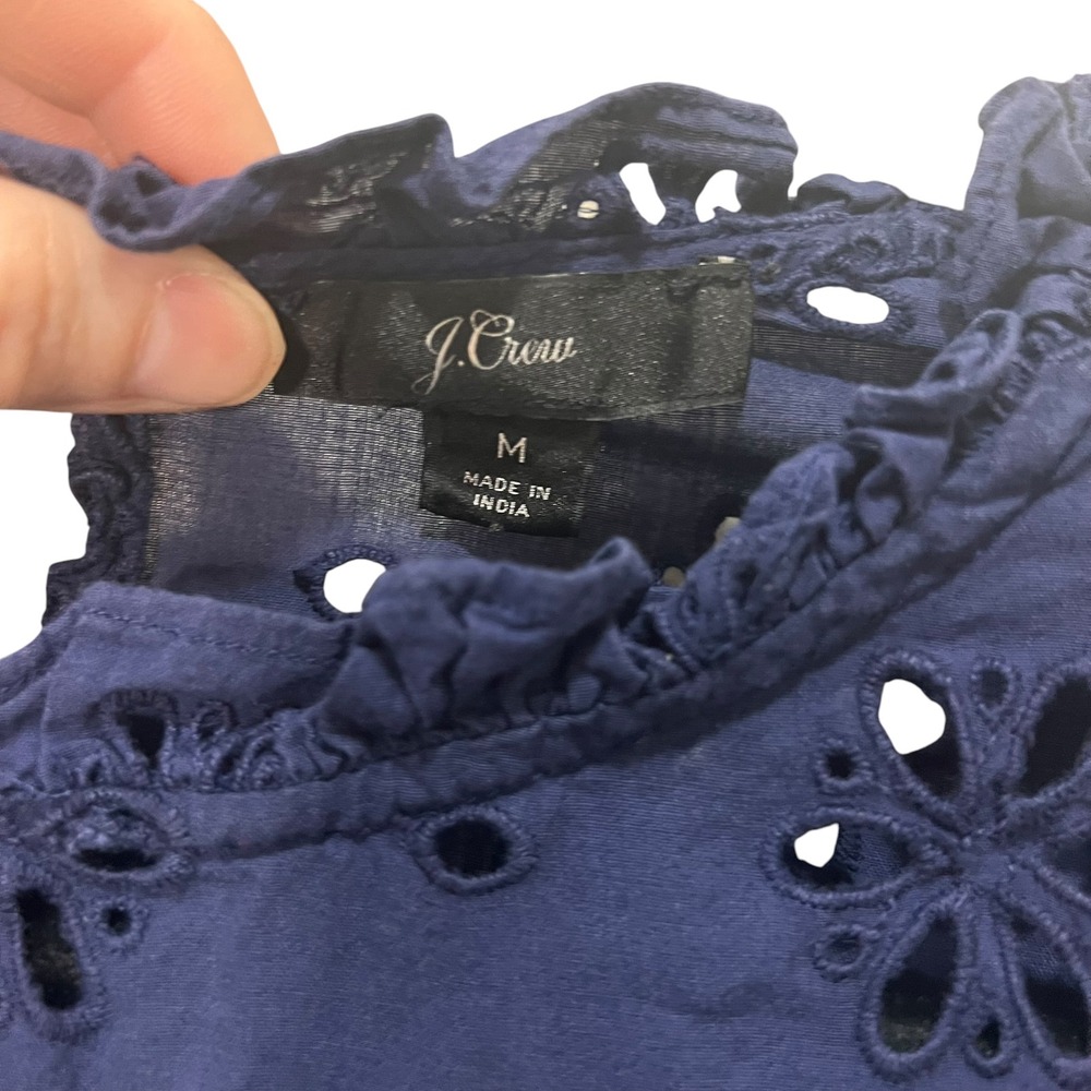 J.Crew Ruffle Eyelet Long Sleeve Top Navy Medium Coastal Grandmother A7 - Picture 2 of 6